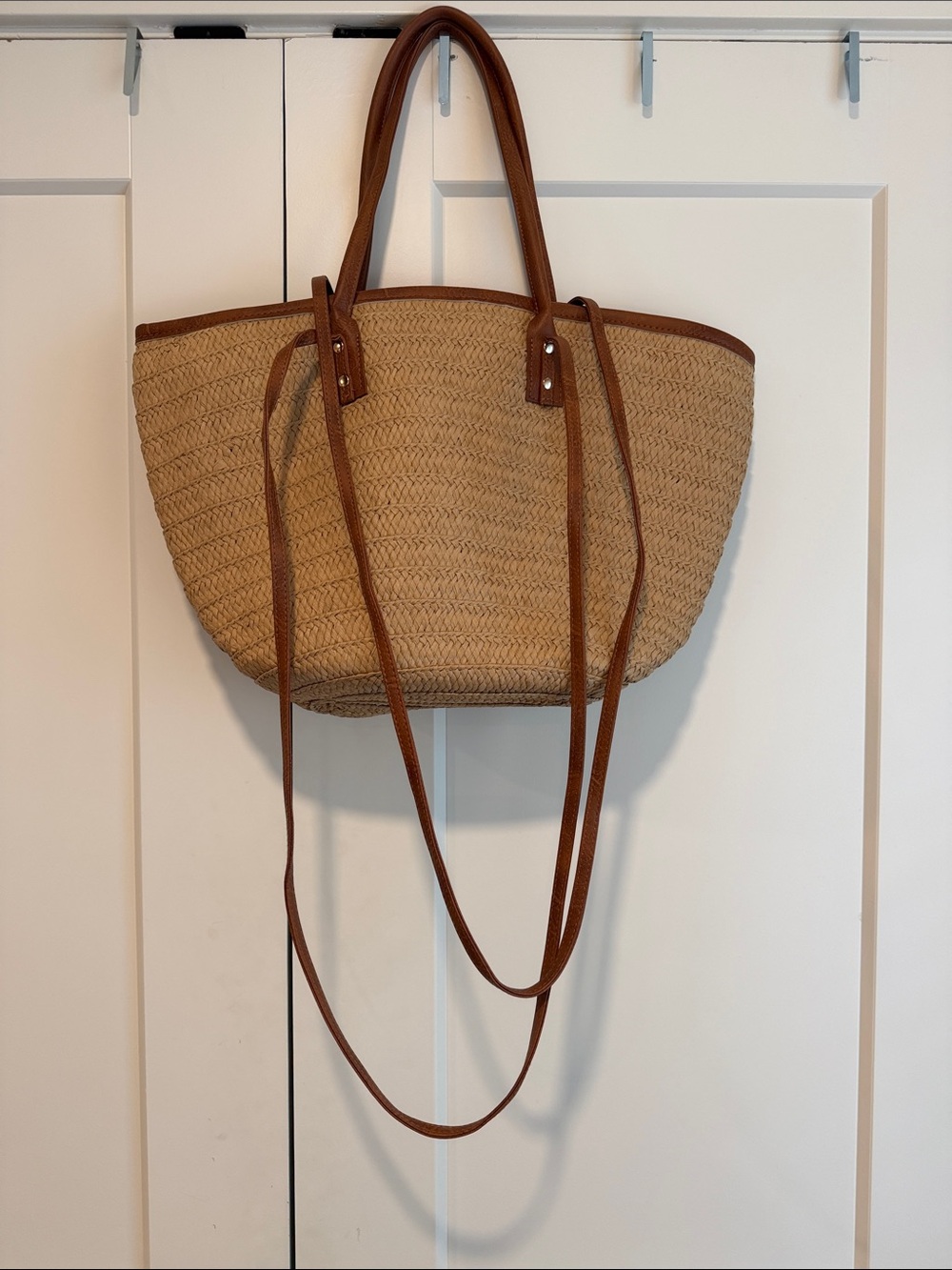 Rattan Tote Bag w Brown Trim, two handles - Women Bags, Beach Bags, Medium Tote - Picture 3 of 6